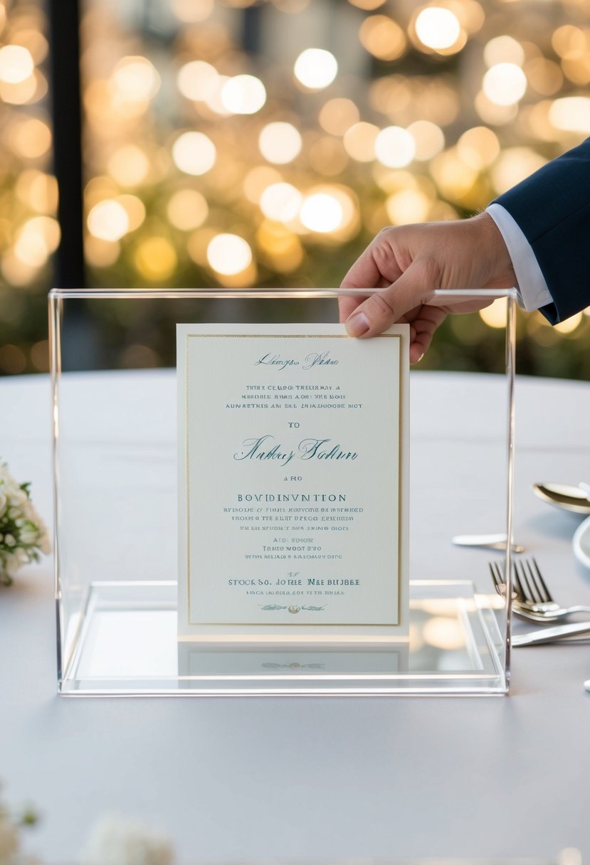 A wedding invitation being placed inside a clear, outlined boundary on a table