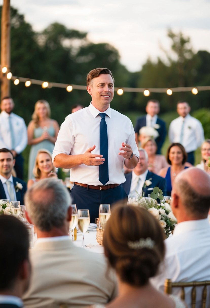 A person standing at a wedding reception, looking directly at the crowd with confidence and warmth while giving a speech