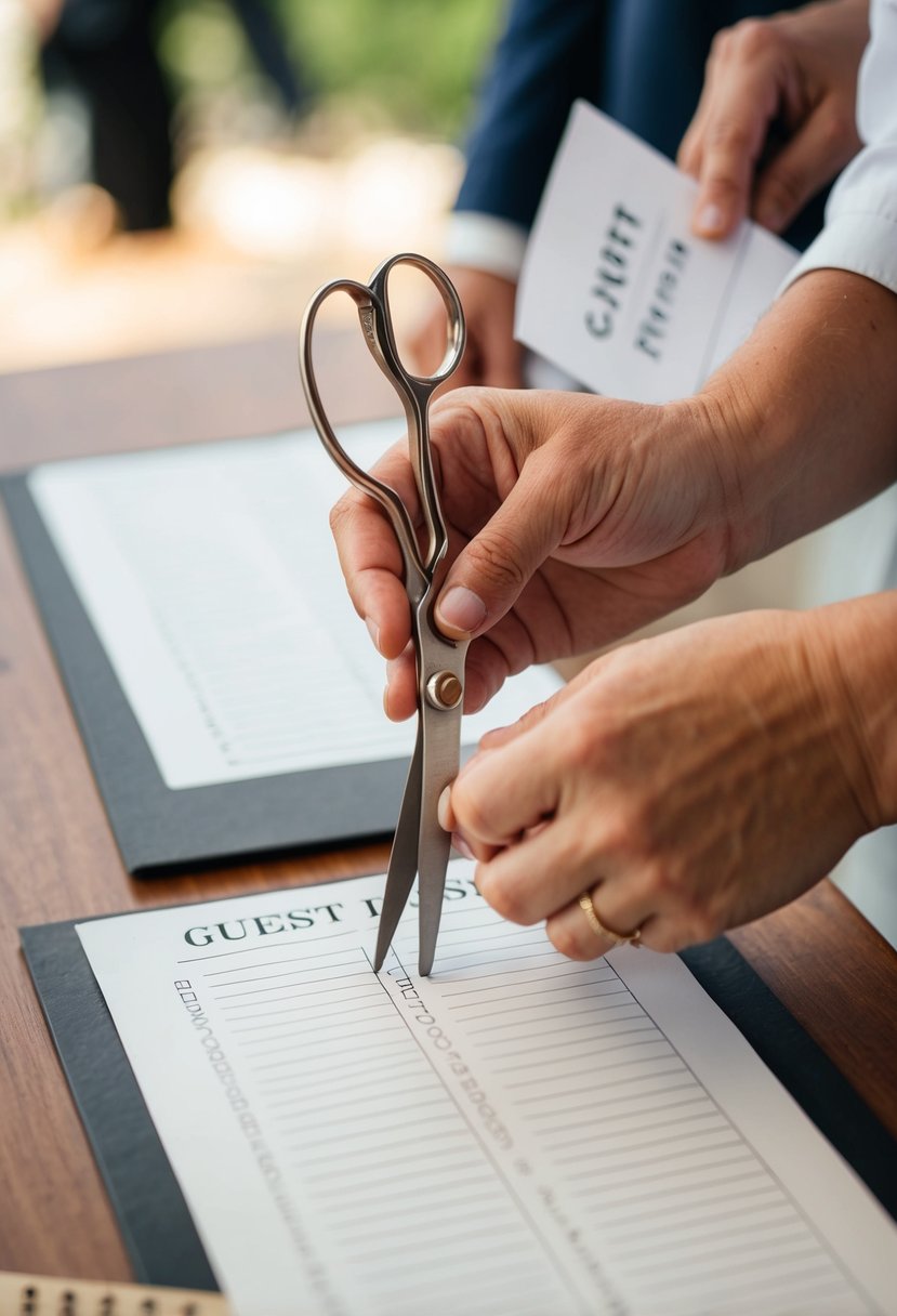 A pair of hands holding scissors and a guest list, carefully making consistent cuts