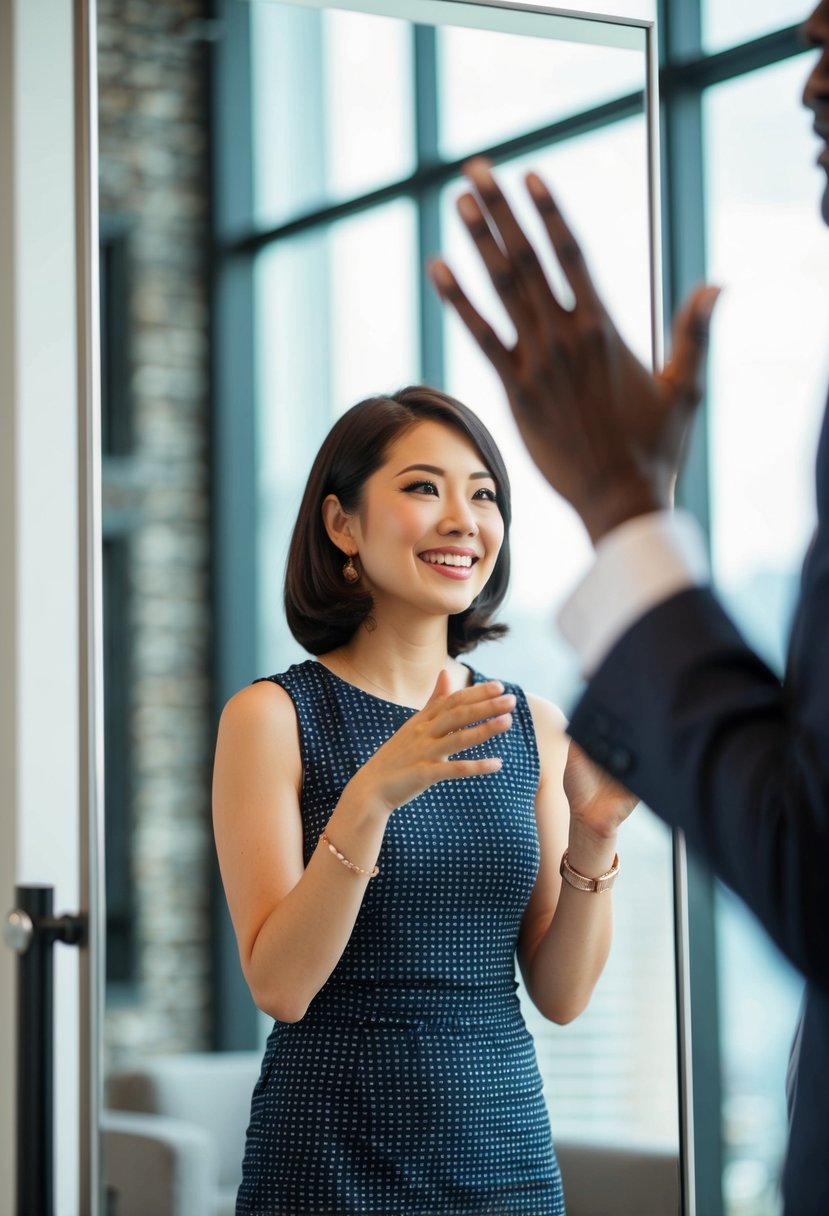 A person standing in front of a mirror, practicing their speech with confidence and enthusiasm