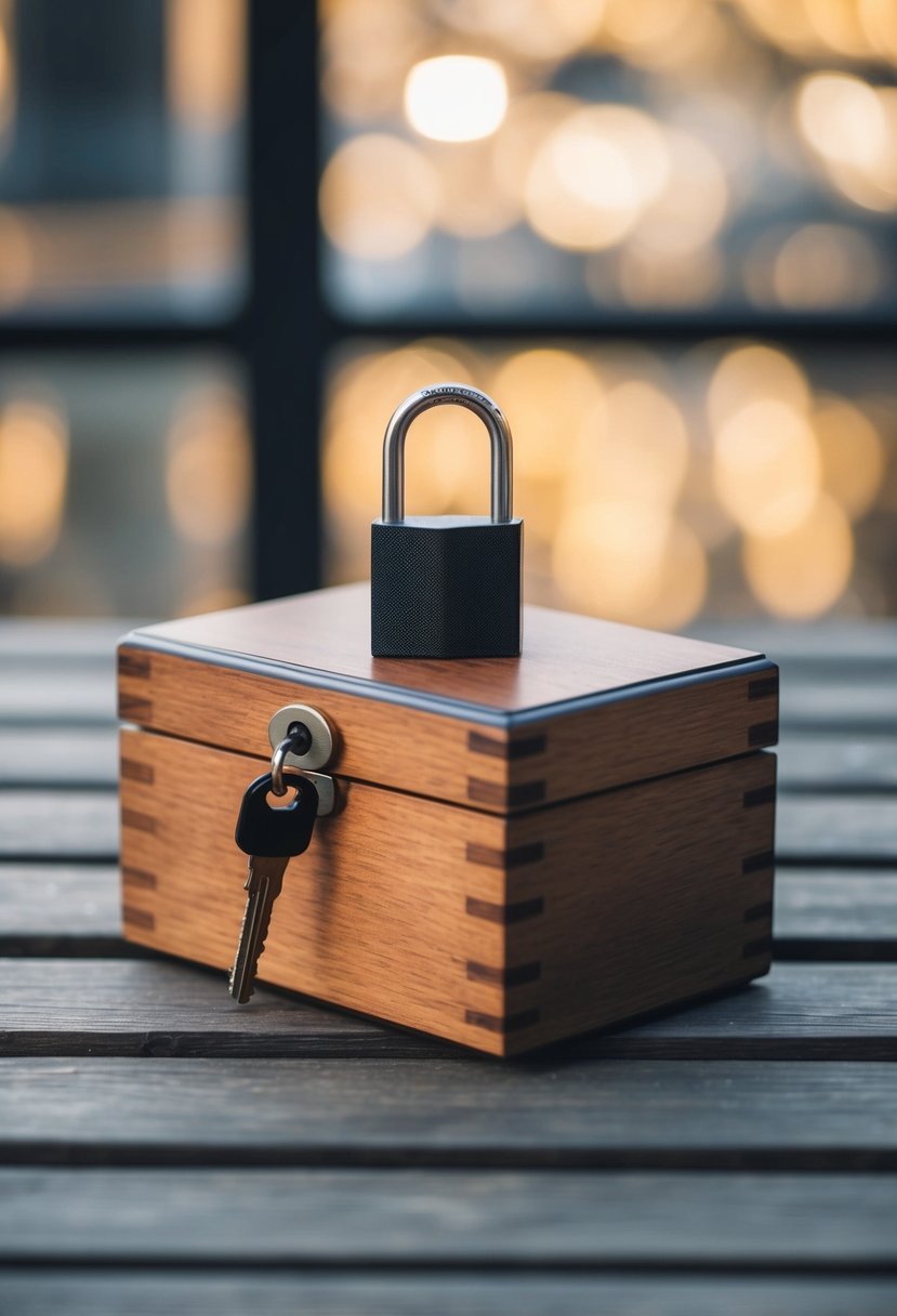 A closed wooden box with a lock on top. A key is inserted into the lock, symbolizing privacy and security