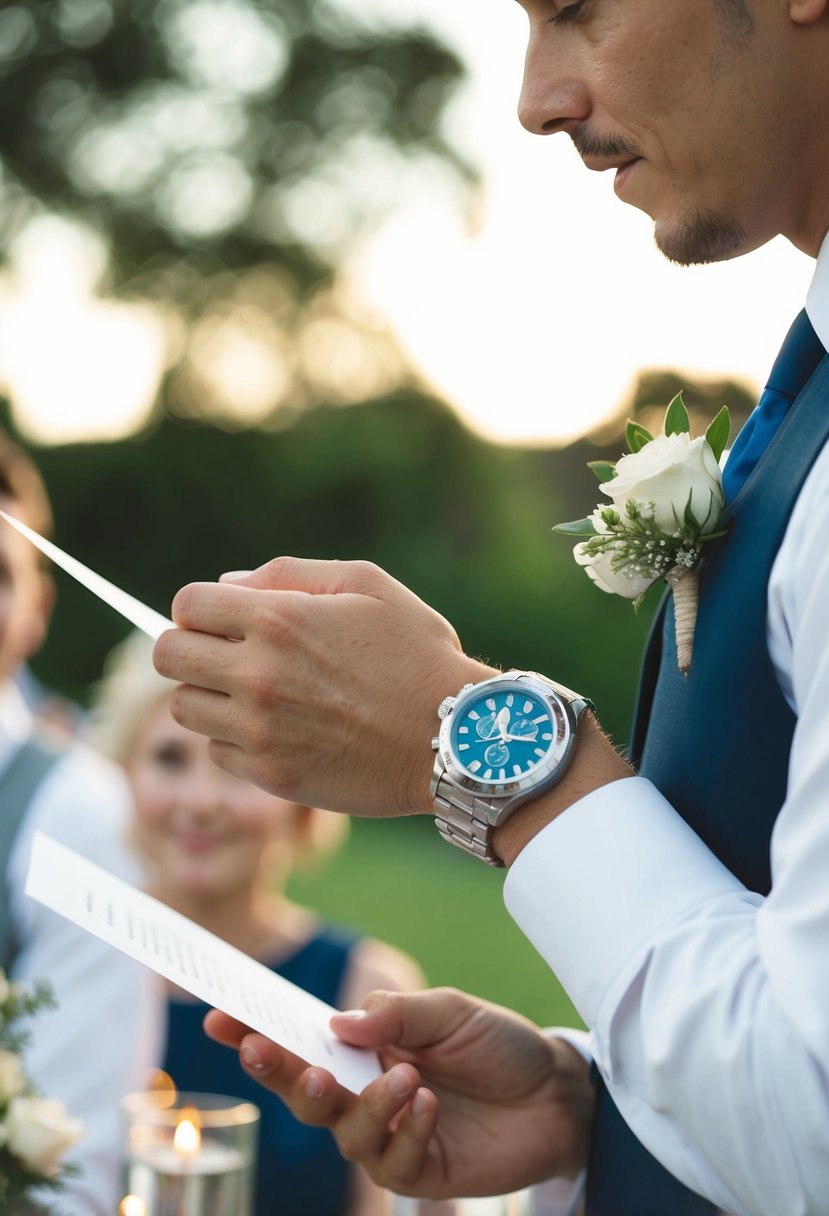 A person glancing at a watch while holding cue cards for a wedding speech