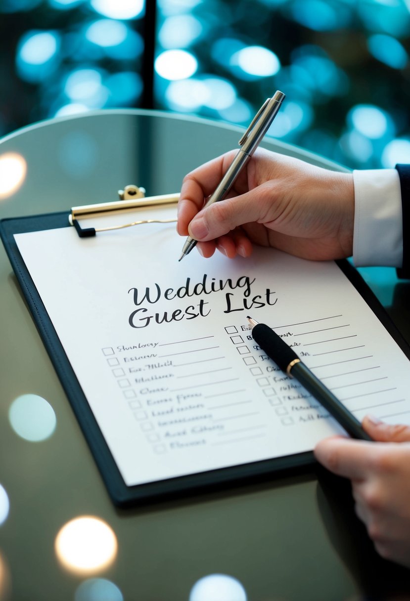 A hand reaching for a wedding guest list, with a pen and eraser nearby for adjustments