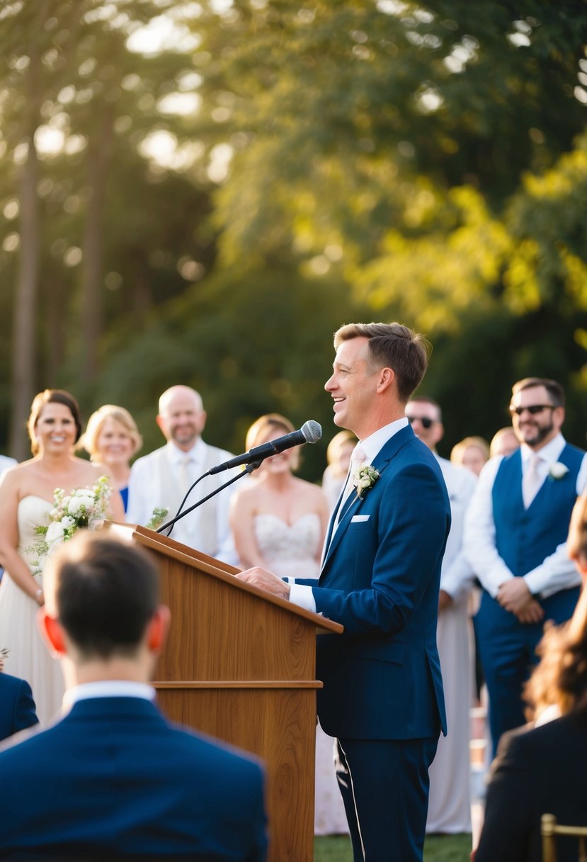 A person standing at a podium, addressing a crowd with a microphone, as wedding guests laugh and nod in understanding