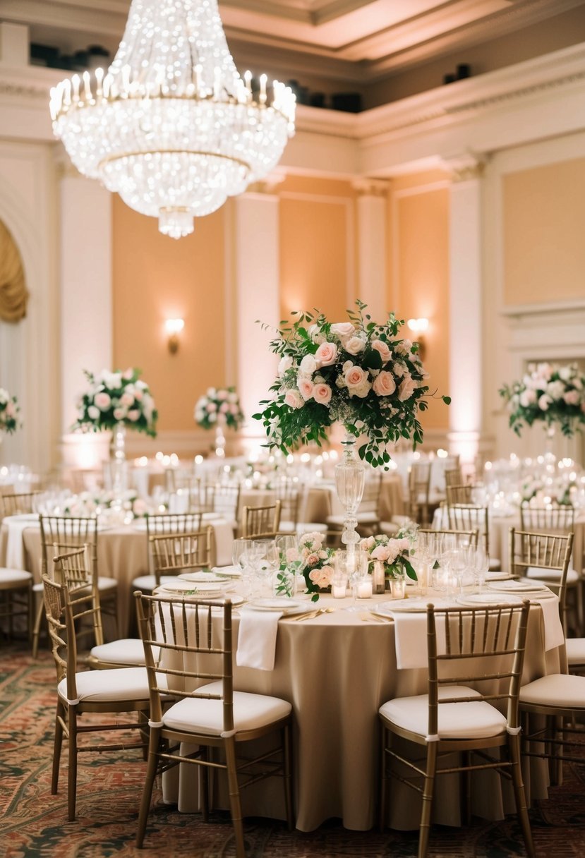 A grand ballroom filled with elegant tables and chairs, adorned with floral centerpieces, and a sparkling chandelier overhead