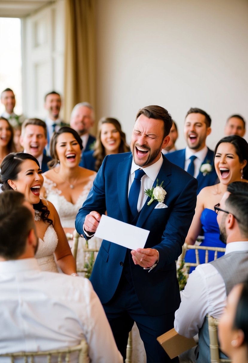 A group of wedding guests laughing as a nervous speaker fumbles with cue cards and accidentally drops them, causing the audience to erupt in laughter