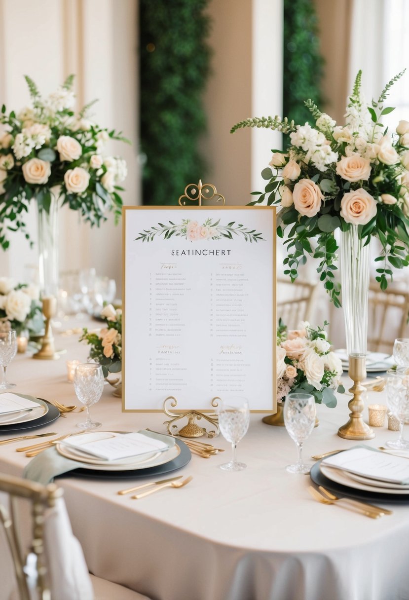 A table with a beautifully arranged seating chart, surrounded by elegant place settings and floral centerpieces