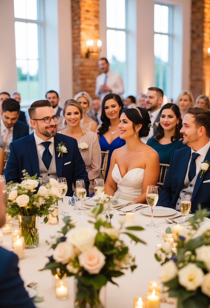 A group of people sitting at a wedding reception, listening attentively as a speaker delivers a heartfelt and humorous speech. Tables are adorned with flowers and candles, creating a warm and elegant atmosphere