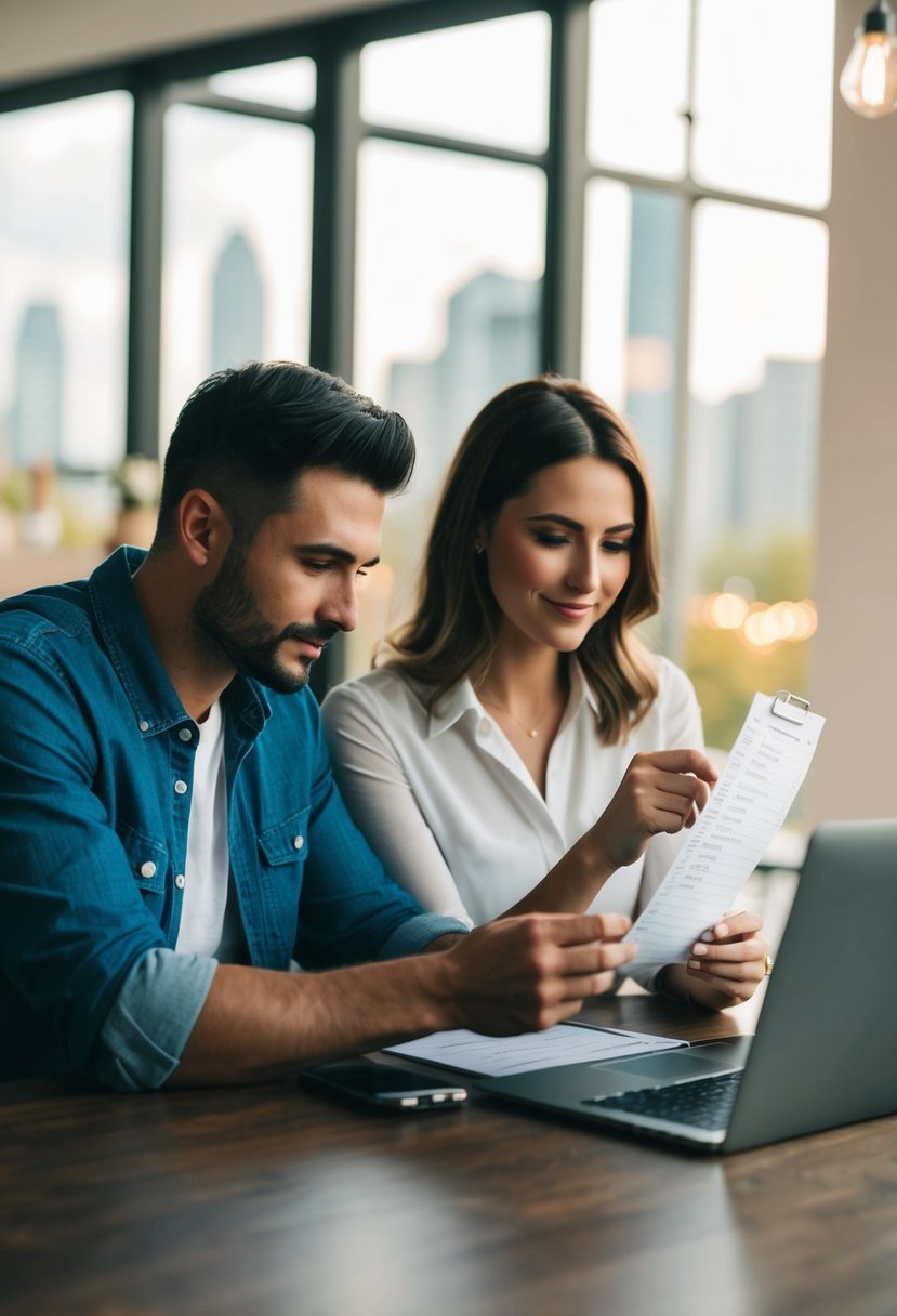 A couple sitting at a table, carefully reviewing a list of names and addresses while sipping on coffee