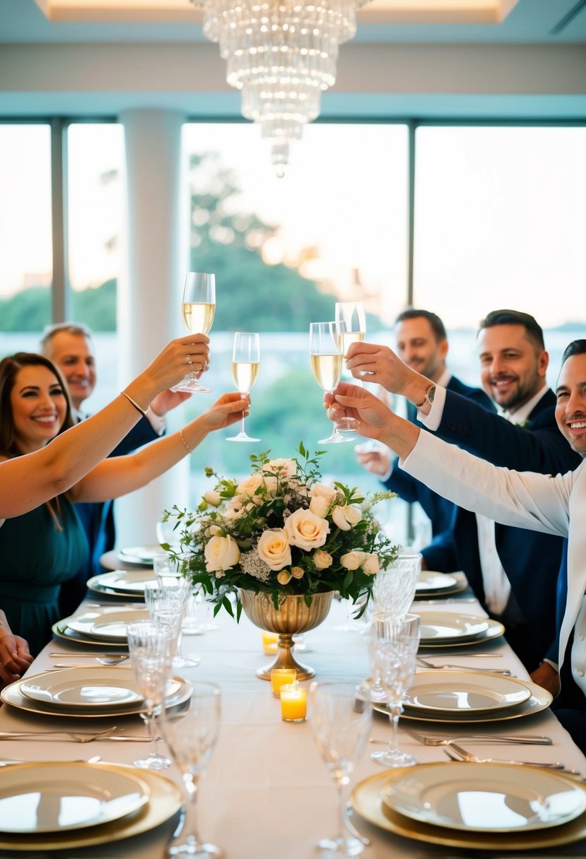 A table set with elegant glassware and a bouquet of flowers, surrounded by smiling guests raising their glasses in celebration