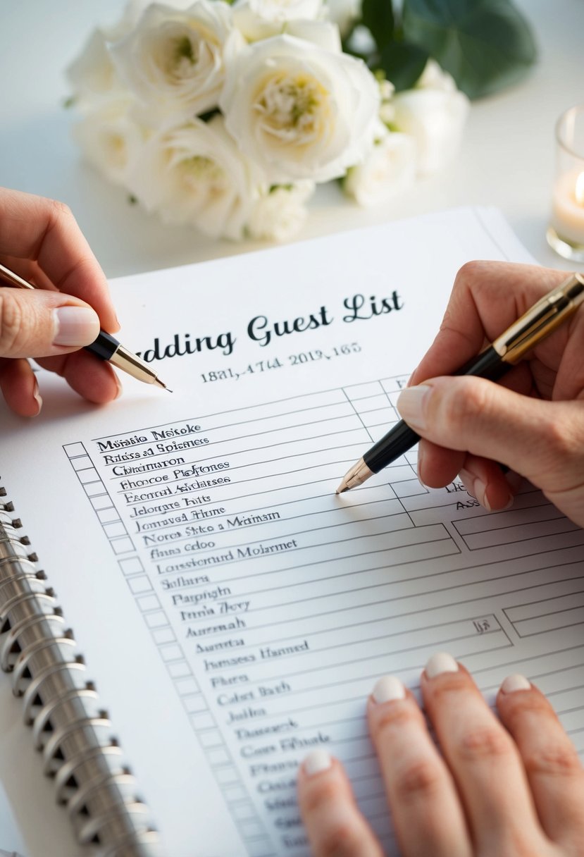 A wedding guest list being carefully reviewed and finalized, with names being checked off and decisions being made