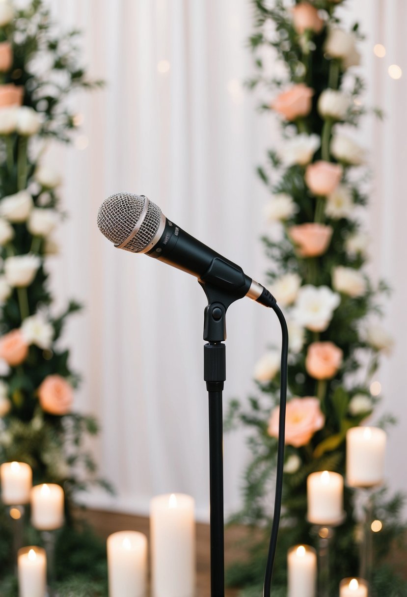 A microphone on a podium with a wedding backdrop, surrounded by flowers and candles