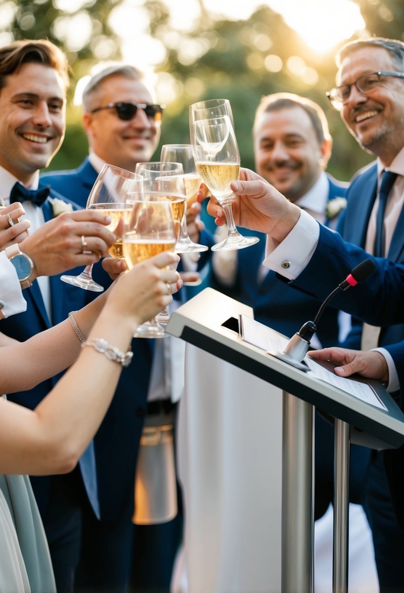 Guests clinking glasses, smiling faces, and a microphone on a podium