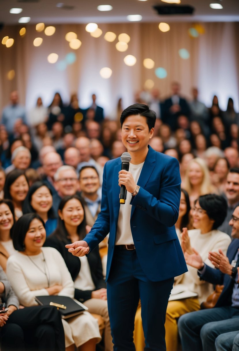 A person standing confidently with a microphone, surrounded by a warm and supportive audience