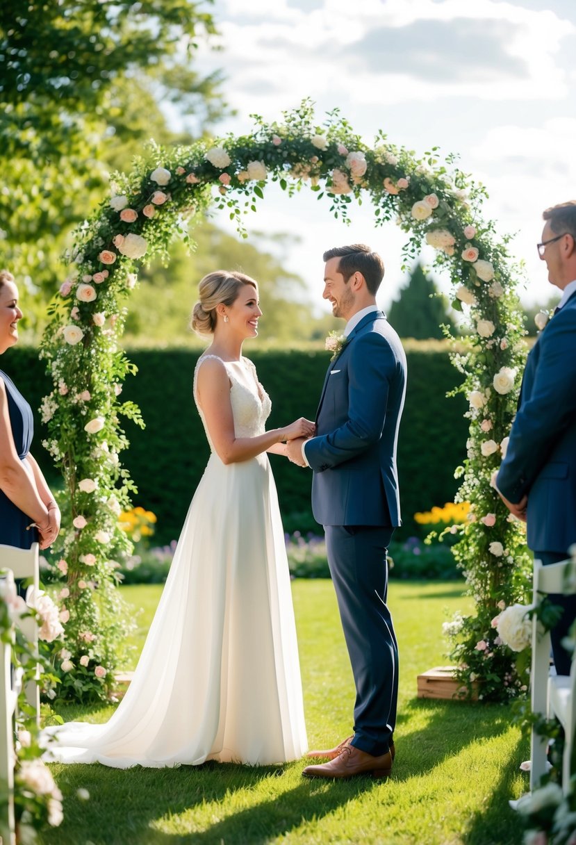 A couple standing in a sunlit garden, facing each other with smiles, exchanging vows under a floral archway