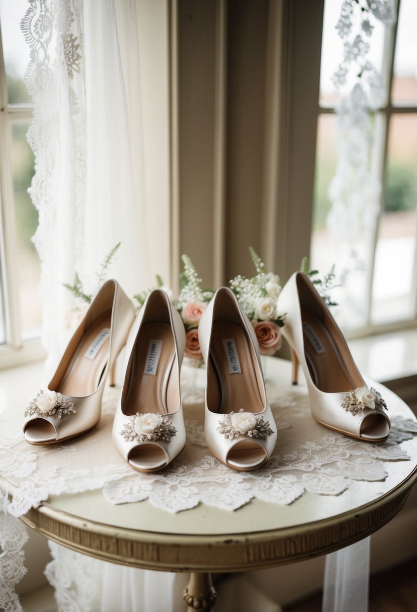 A collection of elegant wedding shoes arranged on a vintage table with delicate lace and floral accents