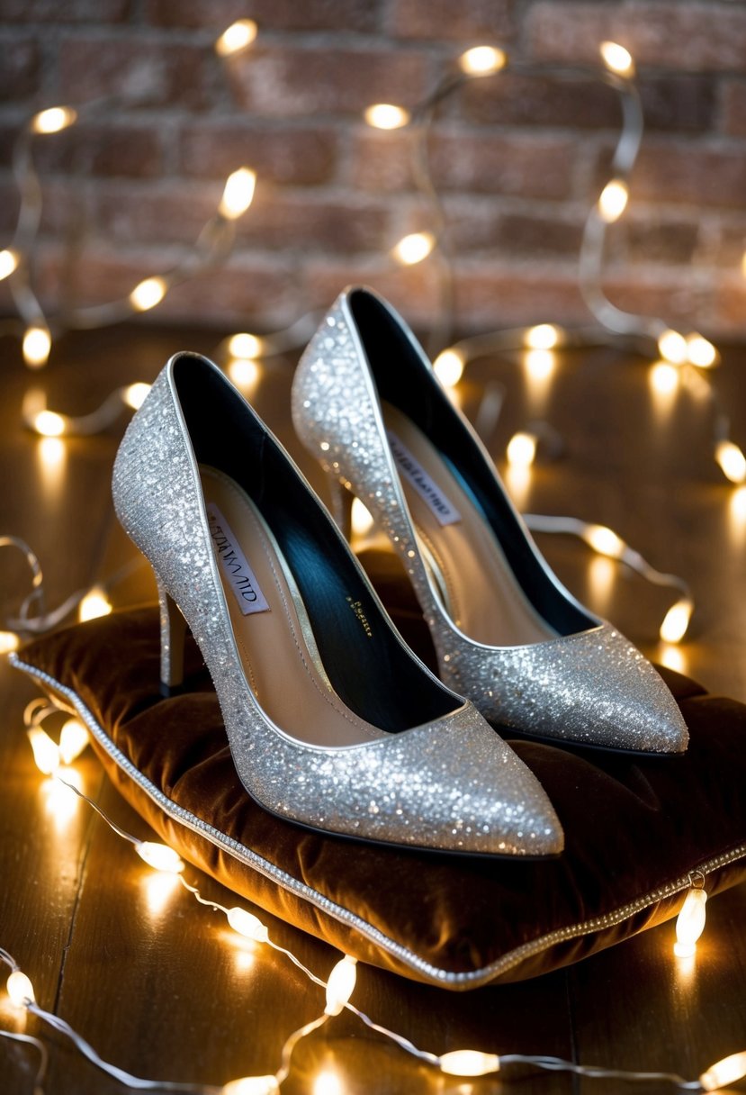 A pair of sparkly silver pumps displayed on a luxurious velvet cushion, surrounded by twinkling fairy lights