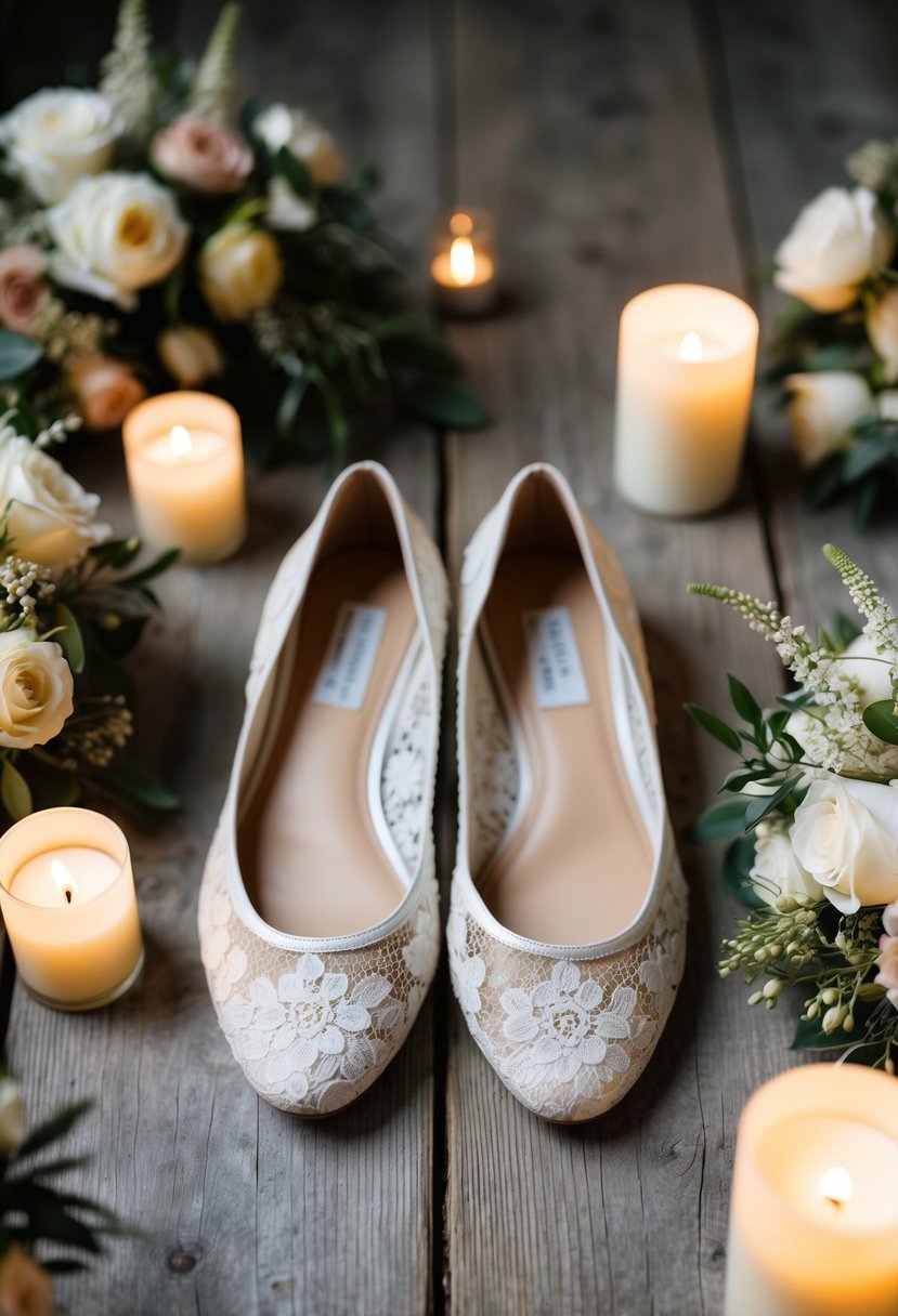 A pair of vintage lace flats sits on a rustic wooden floor, surrounded by delicate floral arrangements and soft candlelight, evoking timeless elegance for a wedding