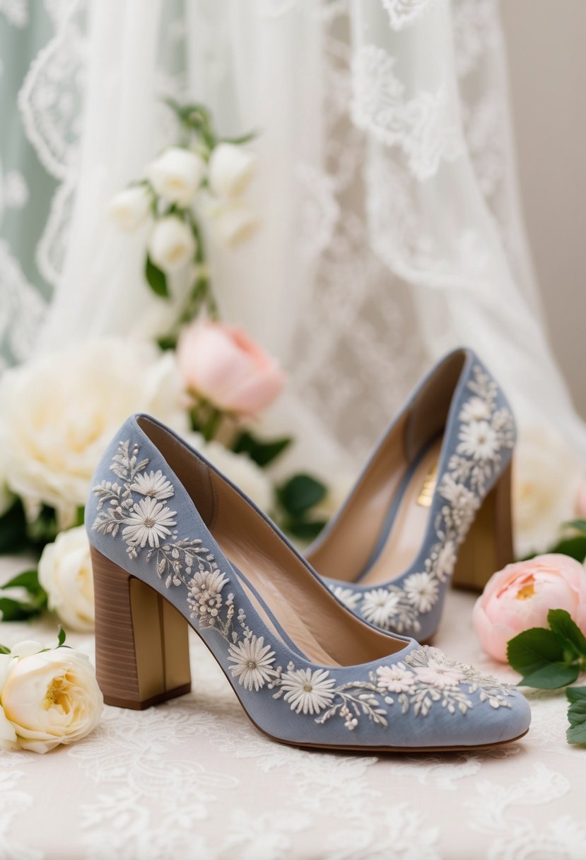 A pair of elegant block heels adorned with intricate embroidery, set against a soft, romantic background of lace and flowers