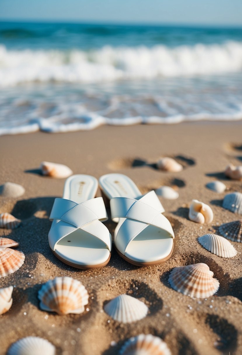 A pair of ivory sandals sits on a sandy beach, surrounded by seashells and gentle waves