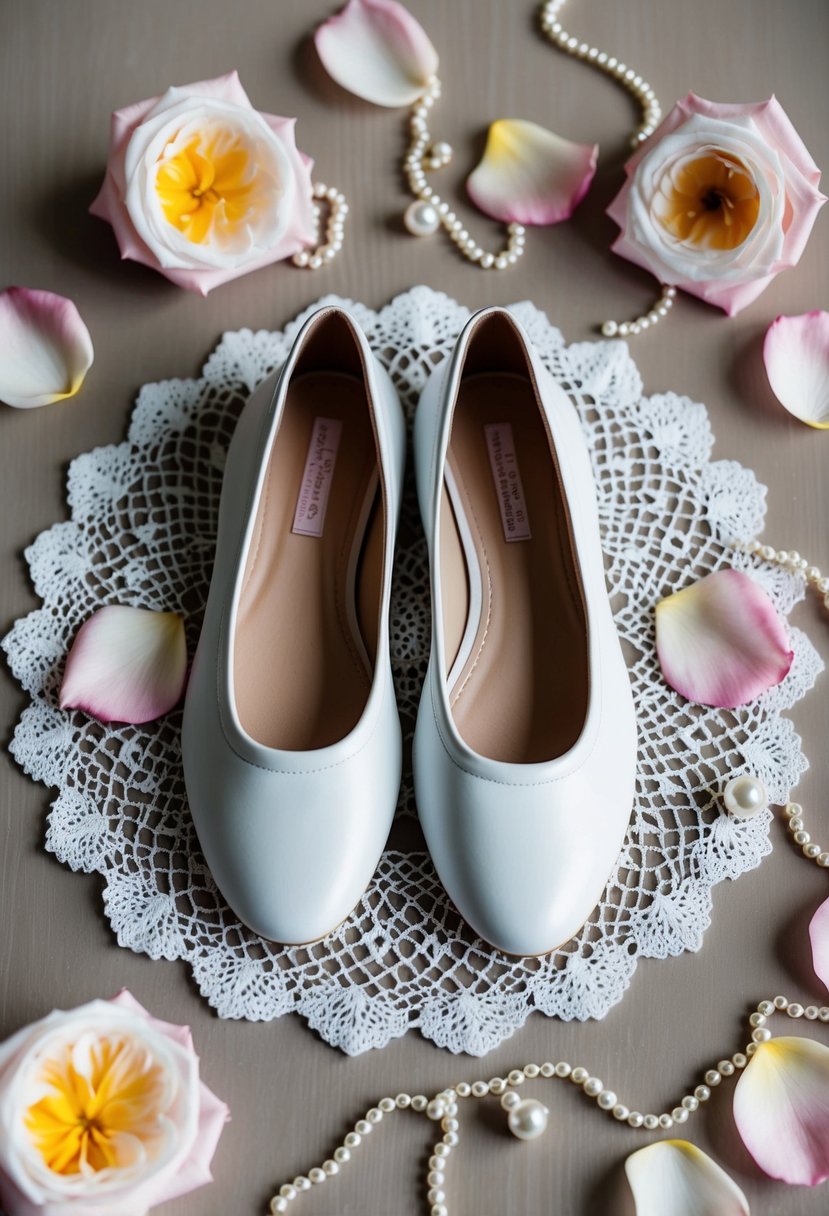 A pair of classic white ballet flats sits atop a delicate lace doily, surrounded by soft rose petals and shimmering pearls