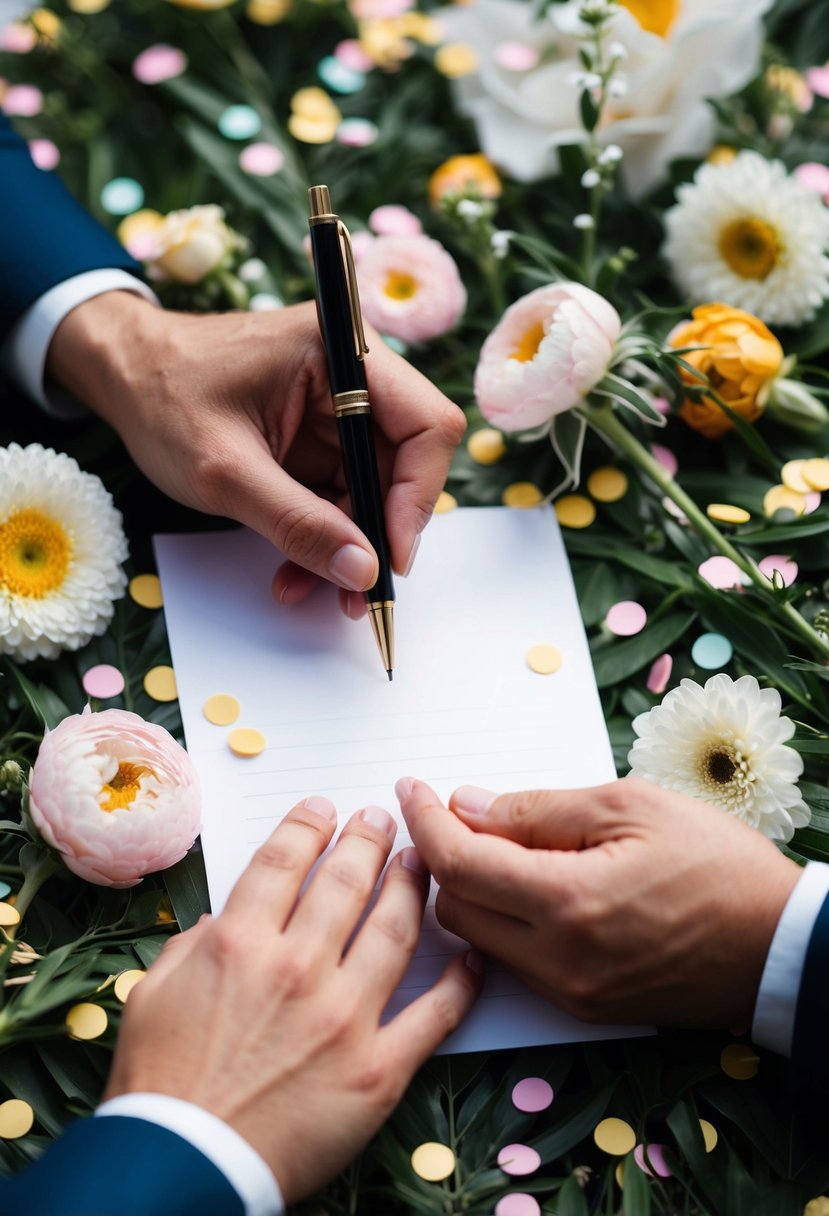 A couple's hands holding a pen and paper, surrounded by whimsical elements like flowers and confetti, balanced with a sincere and emotional atmosphere