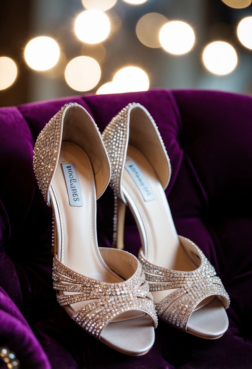 A pair of rhinestone-encrusted strappy heels sits on a luxurious velvet cushion, catching the light and sparkling with elegance