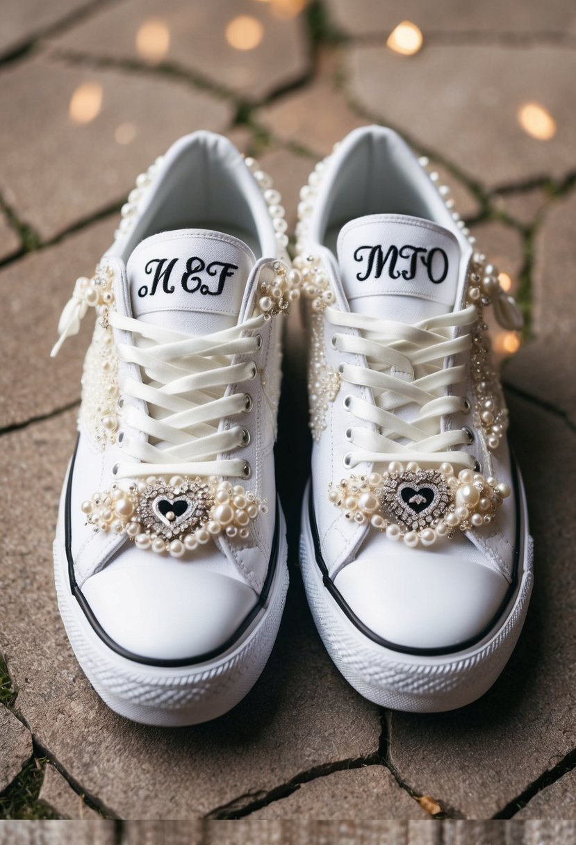 A pair of white sneakers adorned with delicate lace, pearls, and intricate embroidery, personalized with the couple's initials and wedding date