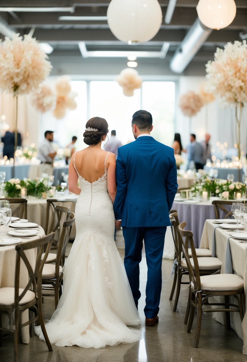 A bride and groom browse through a variety of rental options for their wedding, including tables, chairs, linens, and decorations