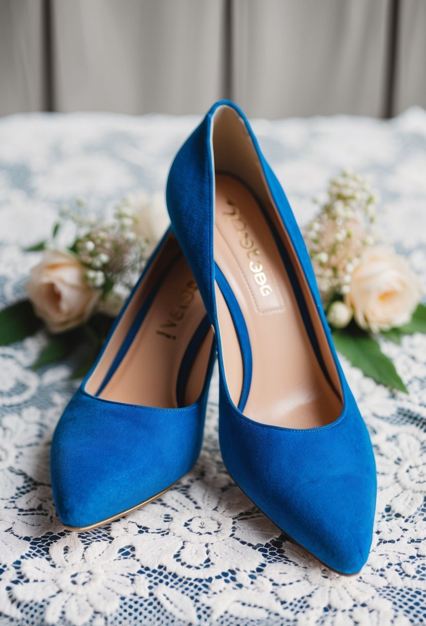 A pair of blue suede stilettos placed on a white lace background with delicate floral accents