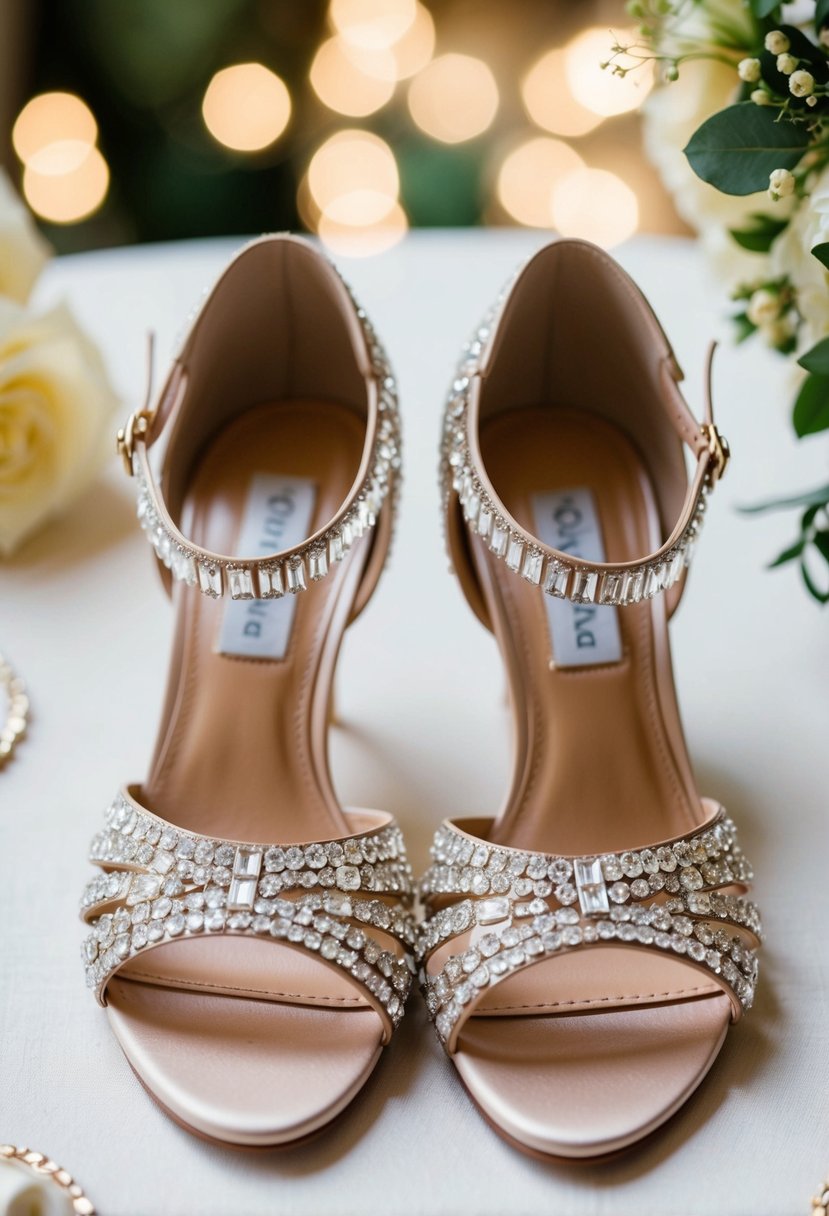 A pair of elegant sandals adorned with sparkling crystals, perfect for a wedding