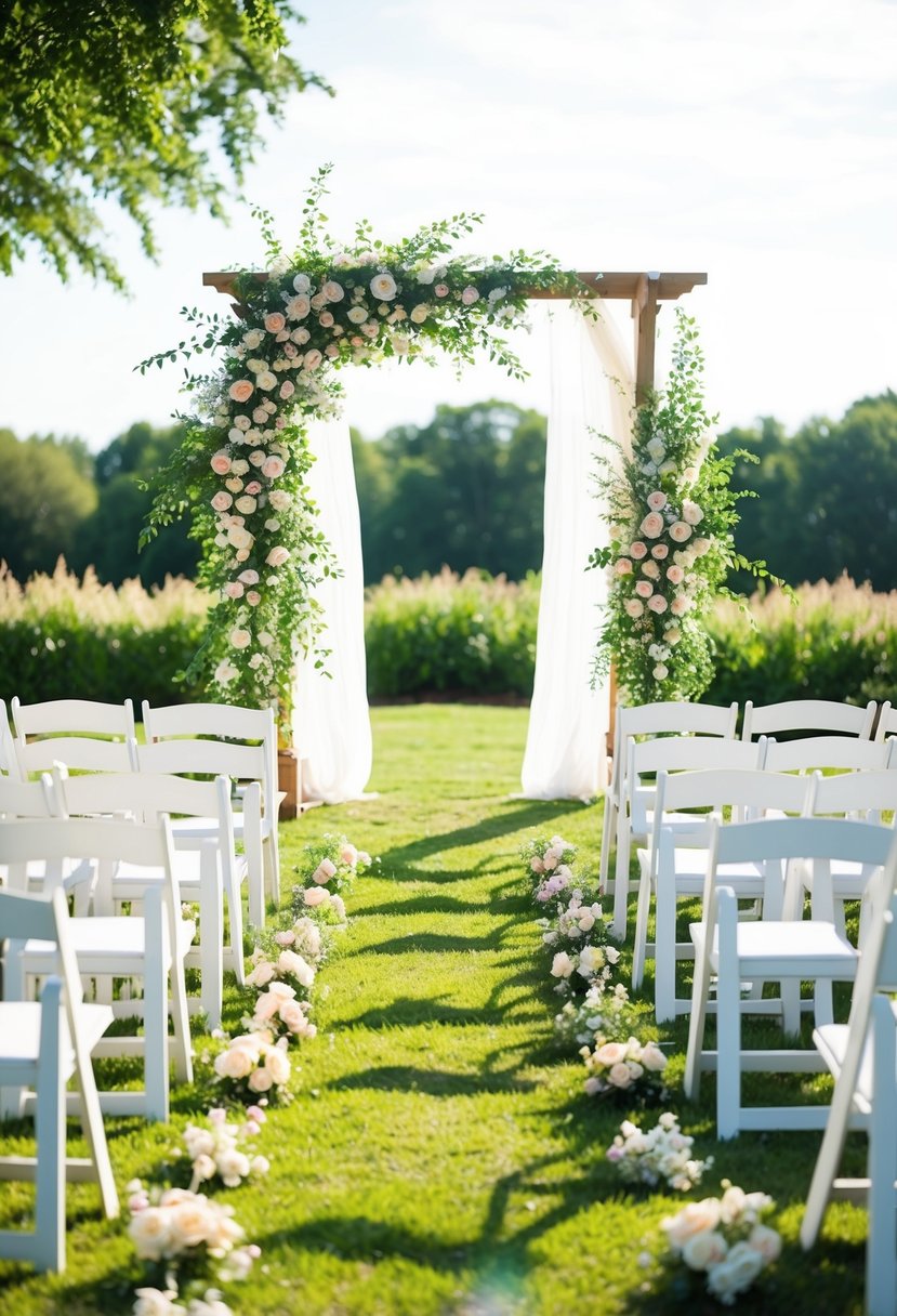 A flower-adorned arch stands in a sunlit garden, ready for a wedding ceremony. Rows of white chairs face the arch, surrounded by lush greenery