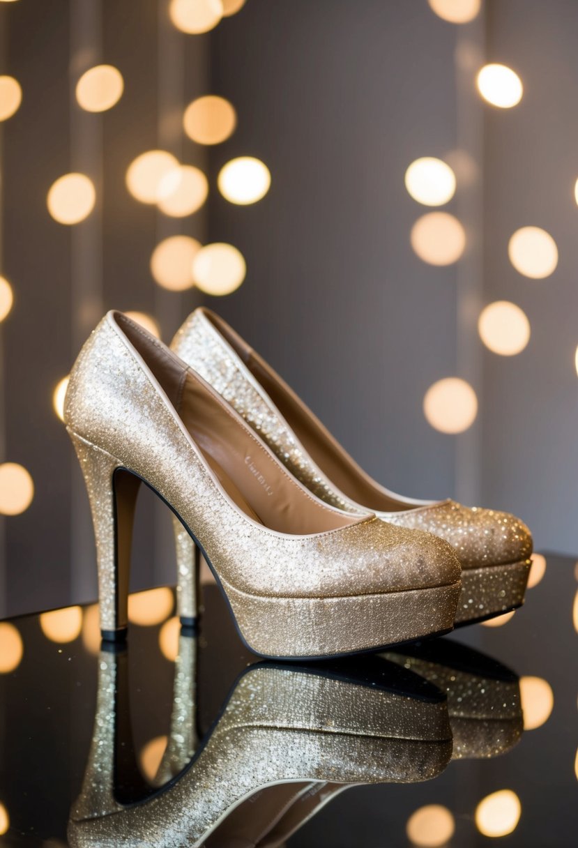 A pair of champagne glitter platform heels on a sleek, reflective surface, surrounded by soft, romantic lighting