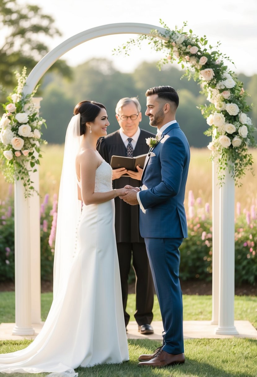 A couple standing before an officiant, exchanging vows in a serene outdoor setting with a beautiful archway and flowers in the background