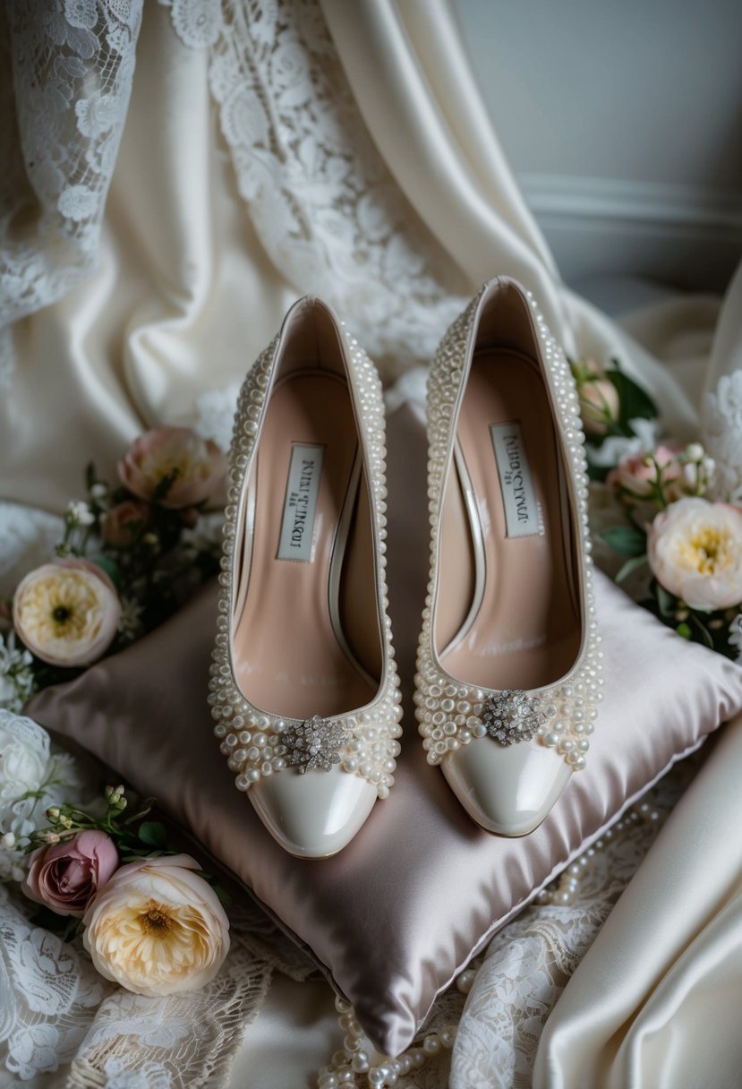 A pair of elegant pearl-detail pumps placed on a luxurious satin pillow, surrounded by delicate lace and floral accents