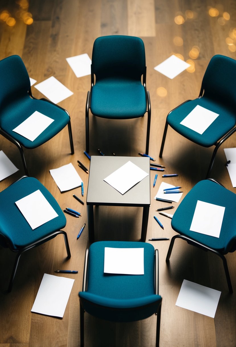 A group of chairs arranged in a circle with a small table in the center, surrounded by scattered sheets of paper and pens