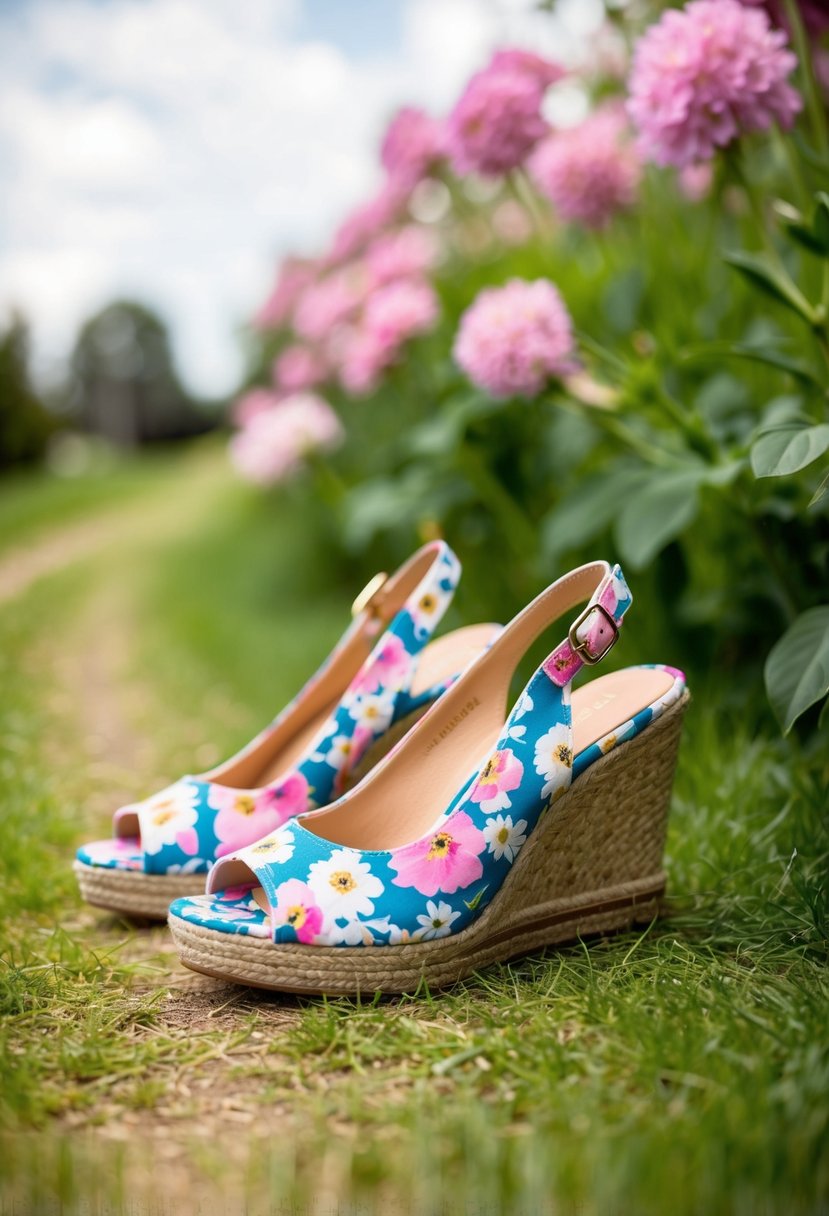 A pair of floral print wedges placed on a grassy path with blooming flowers in the background