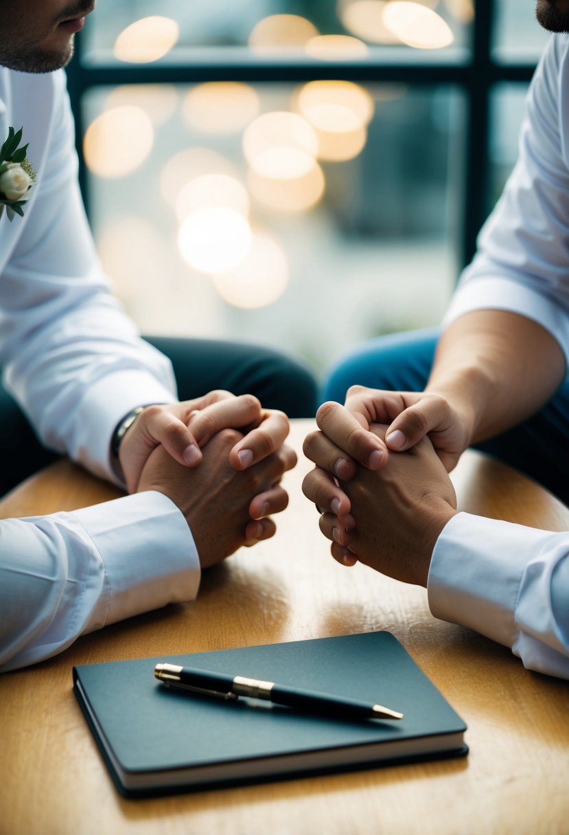 A couple sits facing each other, hands intertwined, discussing their wedding vows. A notebook and pen lay on the table between them