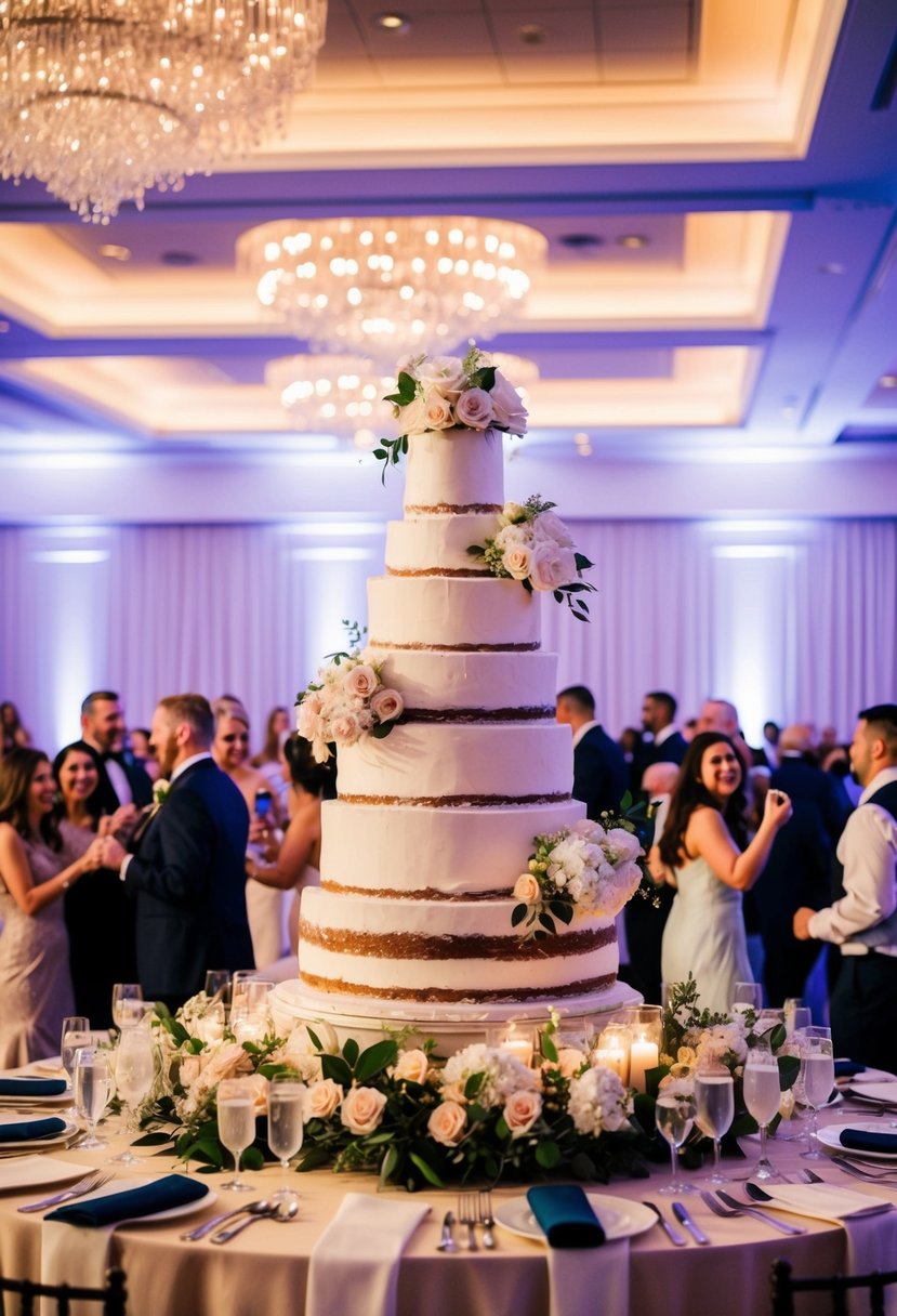 A grand wedding reception with a towering cake, elegant floral centerpieces, and a bustling dance floor filled with joyful guests