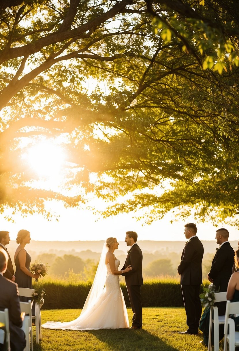 Soft golden light filters through the trees, casting a warm glow over the outdoor wedding ceremony. The sun sets in the distance, creating a romantic and enchanting atmosphere