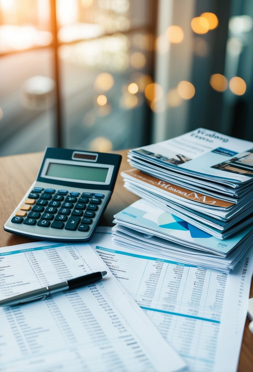 A table covered in spreadsheets and financial documents, with a calculator and pen lying next to a stack of wedding magazines