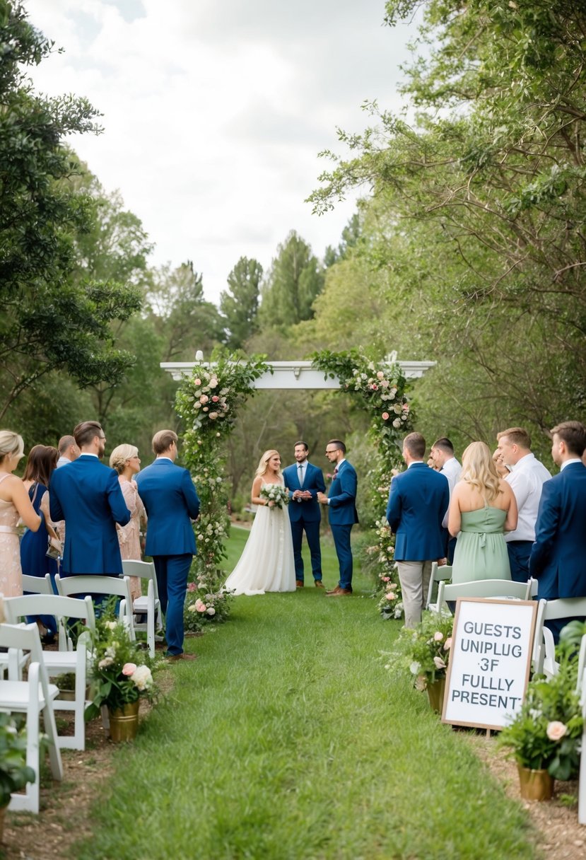 Guests gather in a serene outdoor setting, surrounded by nature. A beautiful archway stands at the center, adorned with flowers and greenery. A sign nearby encourages guests to unplug and be fully present