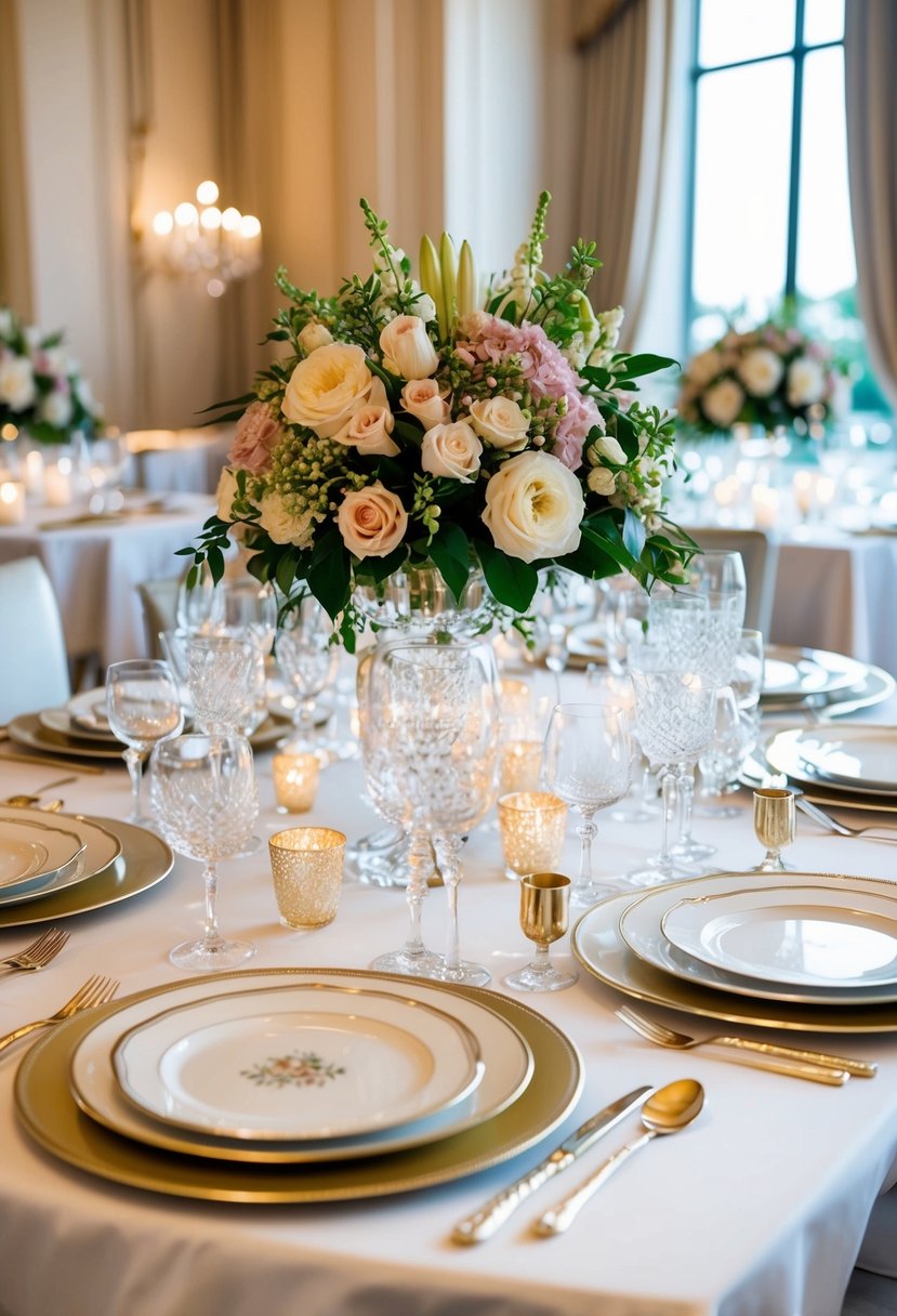 An opulent table setting with fine china, crystal glassware, and elegant floral centerpieces for a lavish sit-down wedding dinner