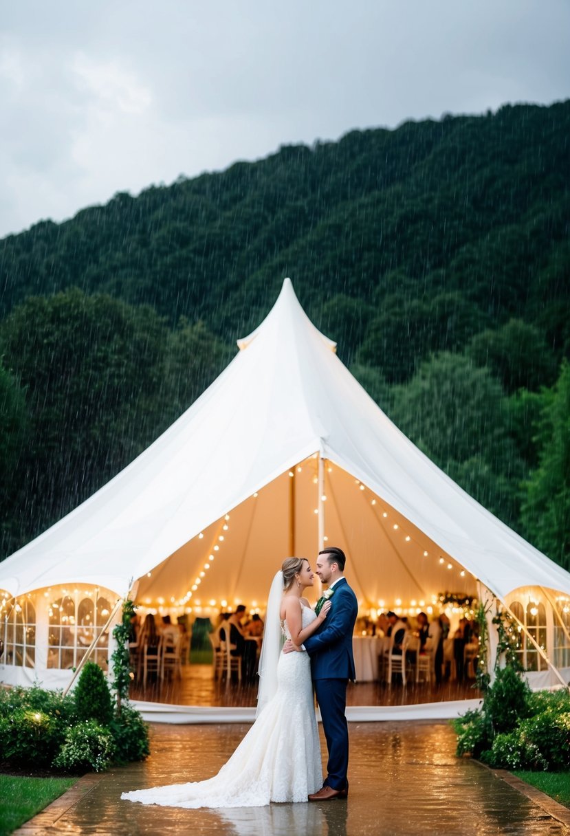 A couple stands under a large, elegant tent as rain pours down around them. The tent is adorned with twinkling lights and surrounded by lush greenery