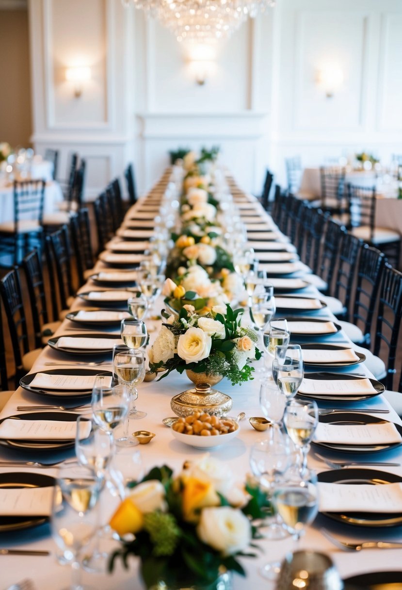 A long table adorned with a variety of dishes, surrounded by elegant place settings and decorative centerpieces