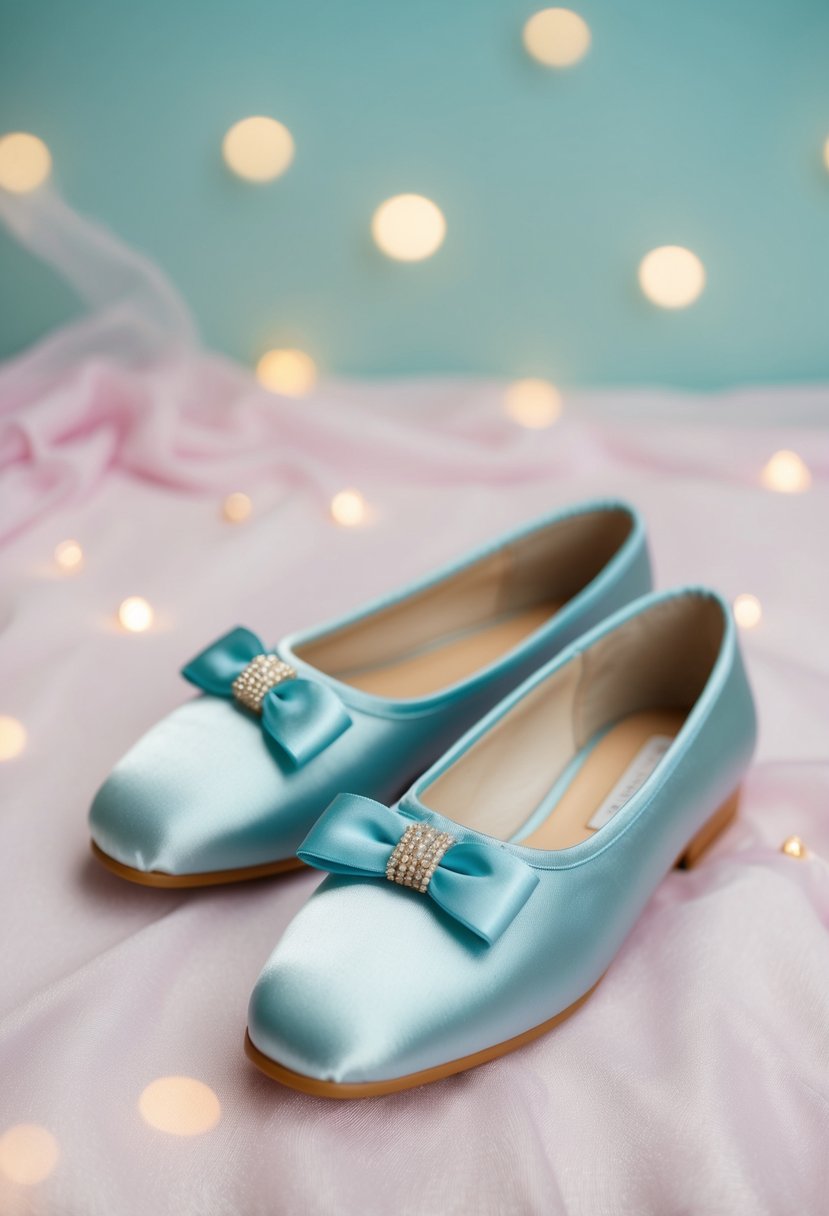 A pair of satin slippers with delicate bow detail, placed on a soft, pastel-colored background