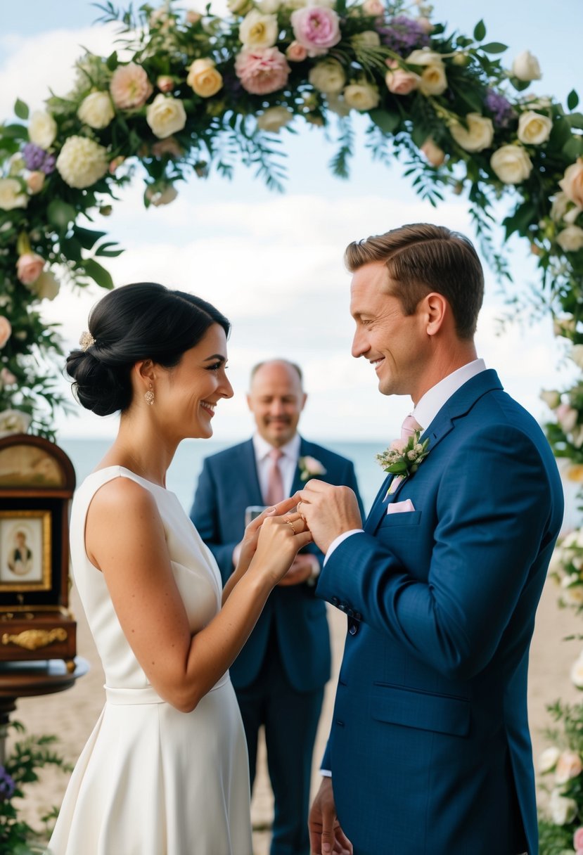 A couple exchanging rings under a floral arch, with a family heirloom displayed nearby