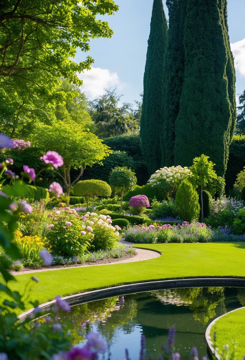 A lush garden with blooming flowers, a winding path, and a sparkling pond nestled among towering trees