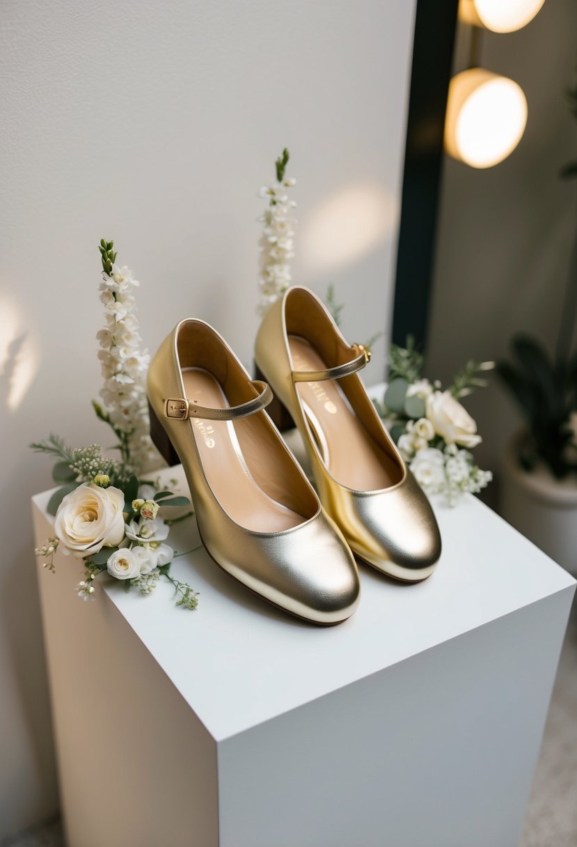 A pair of gold metallic T-strap shoes displayed on a white pedestal, surrounded by delicate floral arrangements and soft lighting