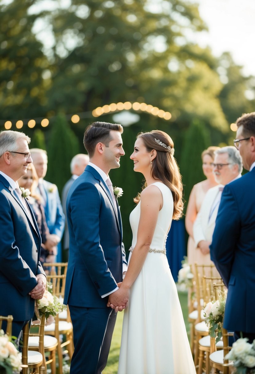 A couple stands facing each other, angled towards the guests at a wedding ceremony